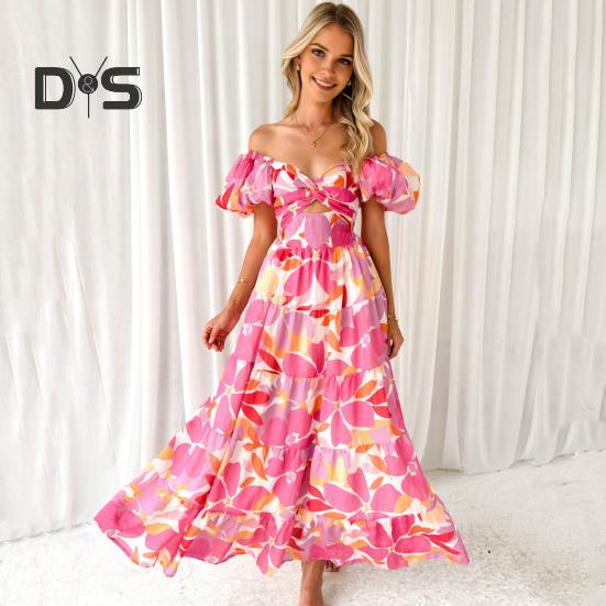 Женское вечернее платье с рукавами-пузырьками и глубоким вырезом с открытыми плечами, красочный принт, трапециевидной формы с большим подолом, лоскутное платье, плиссированное пляжное платье макси для отпуска