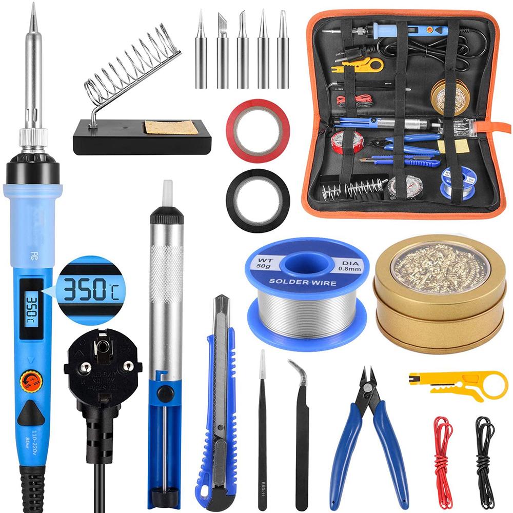 80W Electronics Digital Soldering Iron Kit Adjustable Temperature Welding Tool Soldering Gun Station Tin Wire 50g Solder Sucker