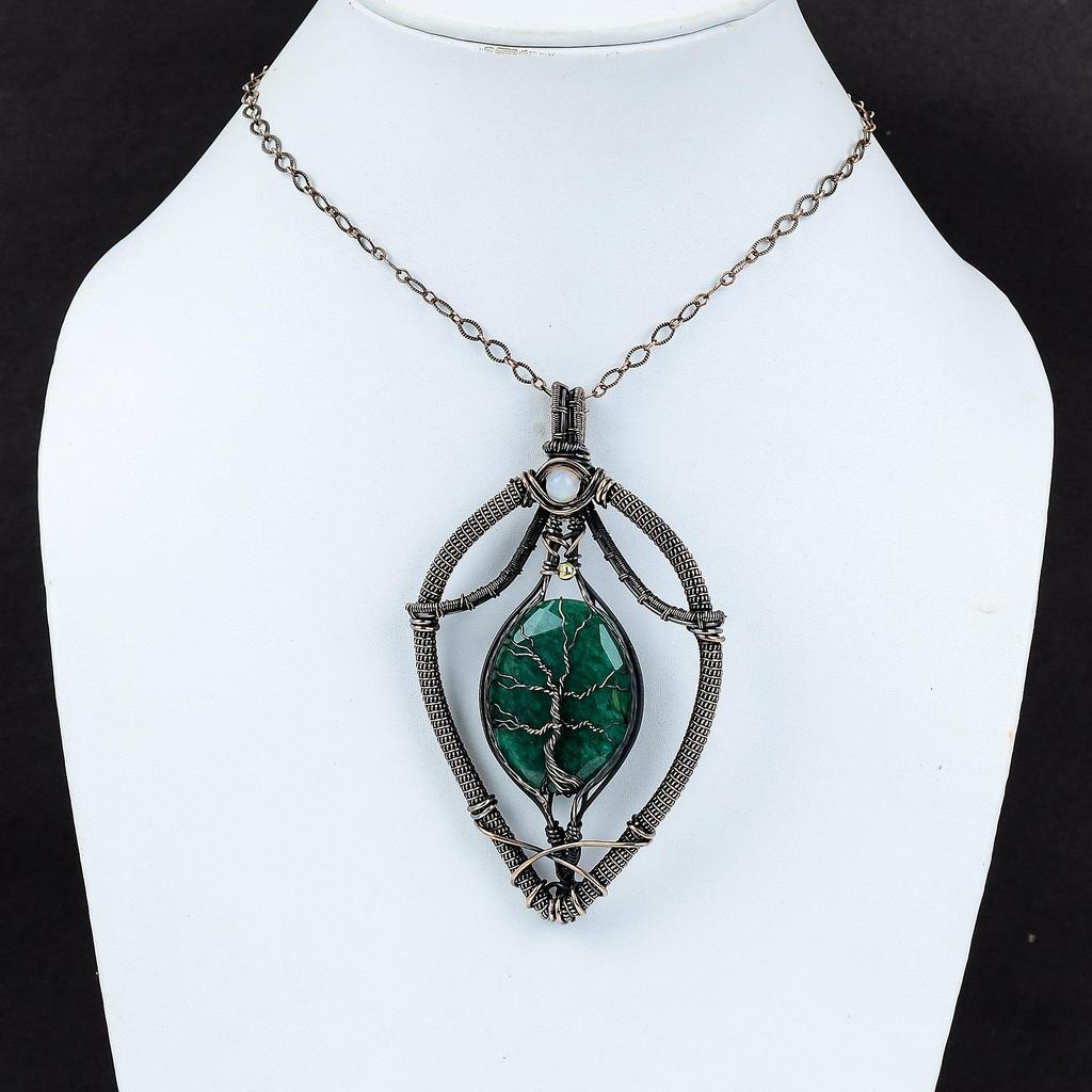 Древо жизни ограненный замбийский изумруд кулон медная проволока обернутый кулон лунный камень ручной работы медные украшения для подарка драгоценный камень кулон