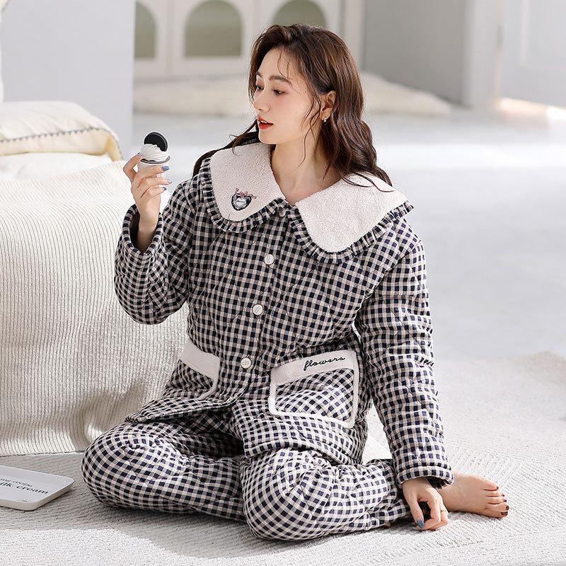 Одежда для сна, женская зимняя новая трехслойная утепленная плюшевая тканая куртка из чистого хлопка с теплым комплектом домашней одежды