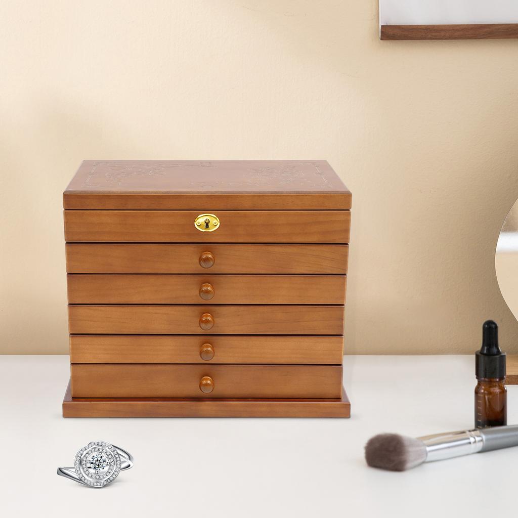 Bymaocar 6-слойная шкатулка для хранения ювелирных изделий с зеркалом, запирающаяся, изысканный резной держатель для хранения, декор, компактный органайзер для туалетного столика