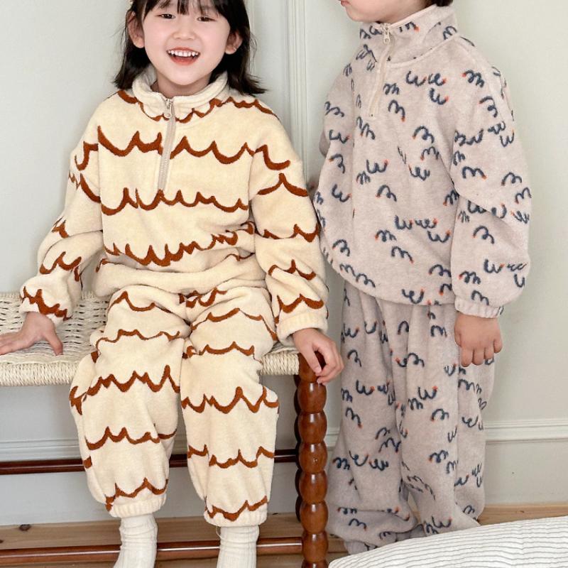 Children's Pajamas Suits for Boys and Girls In Autumn and Winter Plus Velvet Thickened Models, Big Children's Zipper Stand-up Collar Home Service