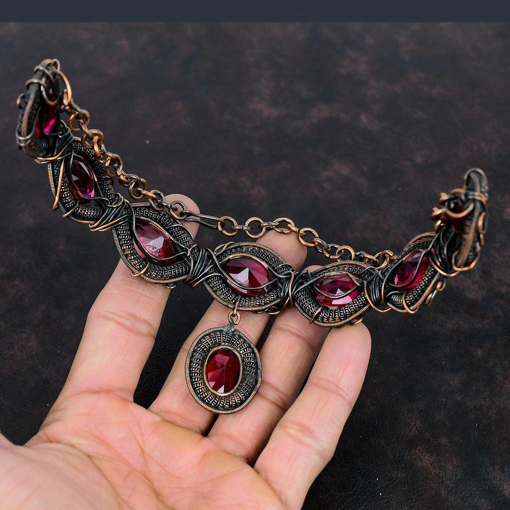 Ожерелье из граненого рубеллита, ожерелье из медной проволоки, регулируемое цепочное ожерелье, ювелирные изделия из меди, ожерелье из драгоценных камней, ювелирные изделия ручной работы для подарка