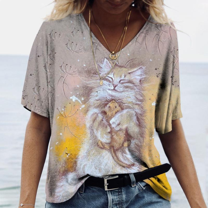 Летние фиолетовые футболки с коротким рукавом и V-образным вырезом для женщин из серии «Киттен» для женщин