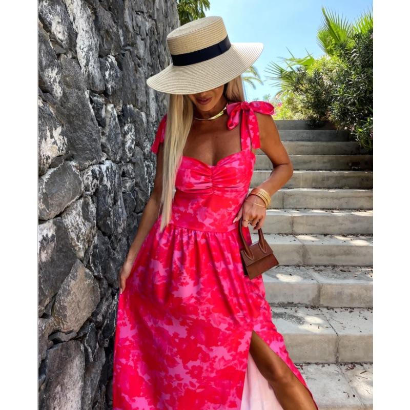 Женские летние сексуальные повседневные платья с разрезом на талии и принтом