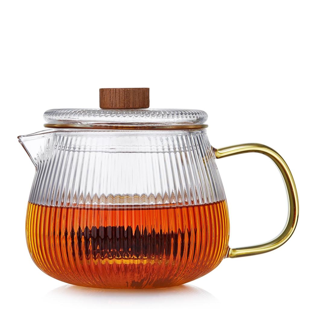 Pokaro Tea Melon Teapot, Heat-Resistant Glass, Heat-Resistant (170°C), Microwave-Safe, 570ml, with Tea Strainer and Lid, Wooden Knob, Suitable for