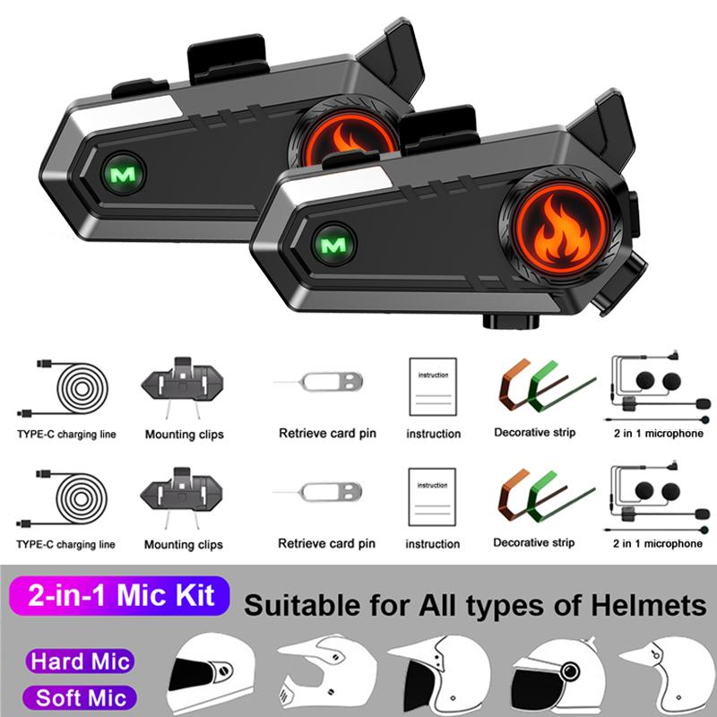 KEBIDUMEI Motorcycle Helmet Intercom Headset for 2 Rider 500M Interphone Bluetooth 5.3 Waterproof Wireless Speaker Earphone