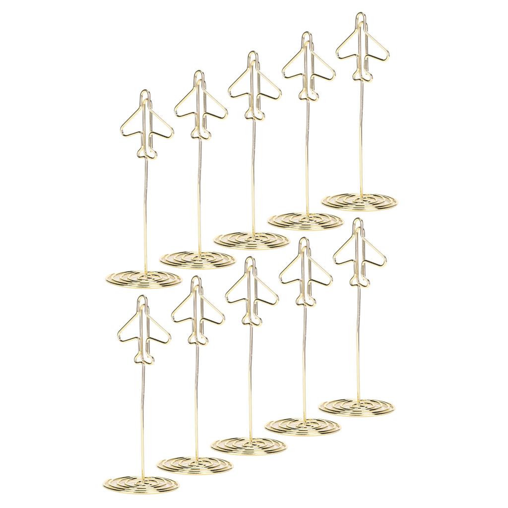 10Pcs Message Clip Desktop Metal Business Card Photo Golden Airplane Holder with Base