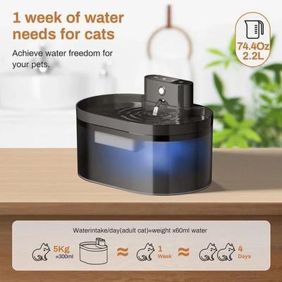 Умный фонтанчик для кошек 2,2 л, датчик движения 120°, Type-C, аккумулятор 2600 мАч, сверхтихий 25 дБ, без BPA, автоматический полив на 1 неделю