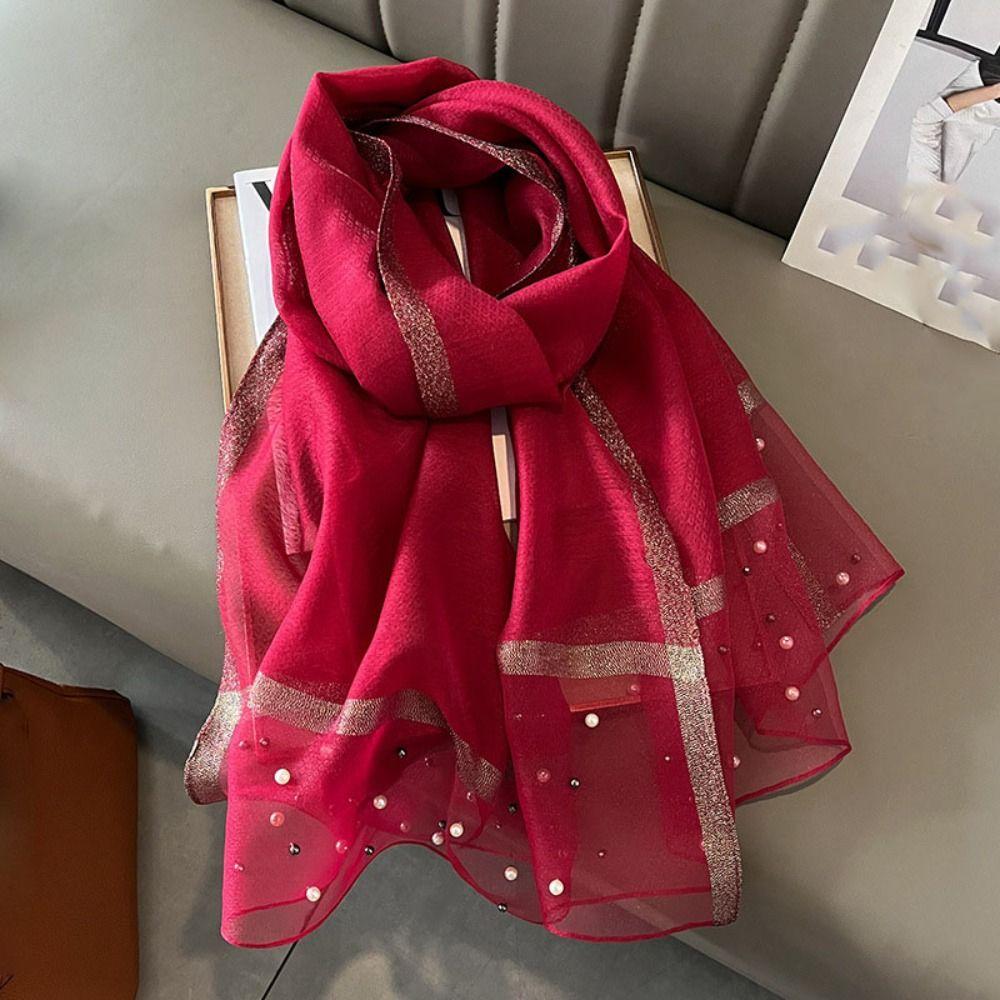 90x90cm Luxury Silk Scarf Pearl Beach Shawl Women Pearl Scarf
