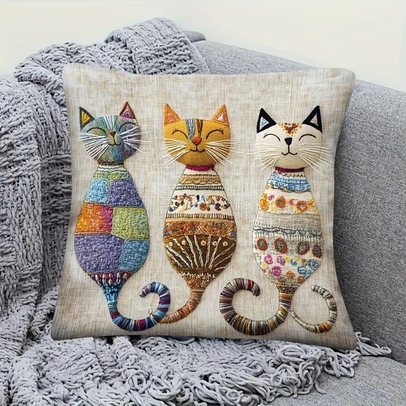 Vibrant Bohemian Style Short Plush Pillow Cover 45x45cm Charming Kitten Living Room Bedroom Decor (Pillow Insert Not Included)