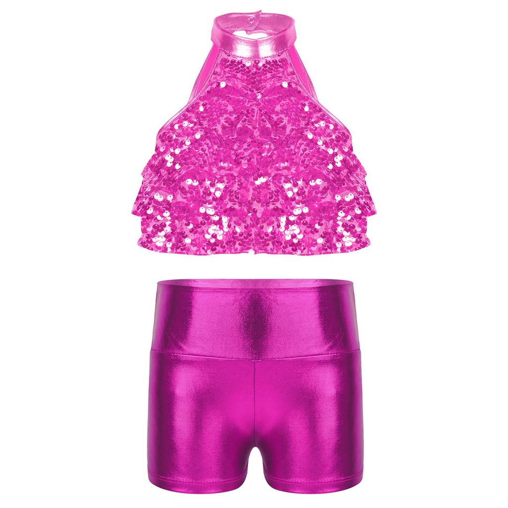 Girls Mock Neck Sleeveless Sequin Crop Top Tiered Shiny Metallic Shorts Stage Dance Outfit