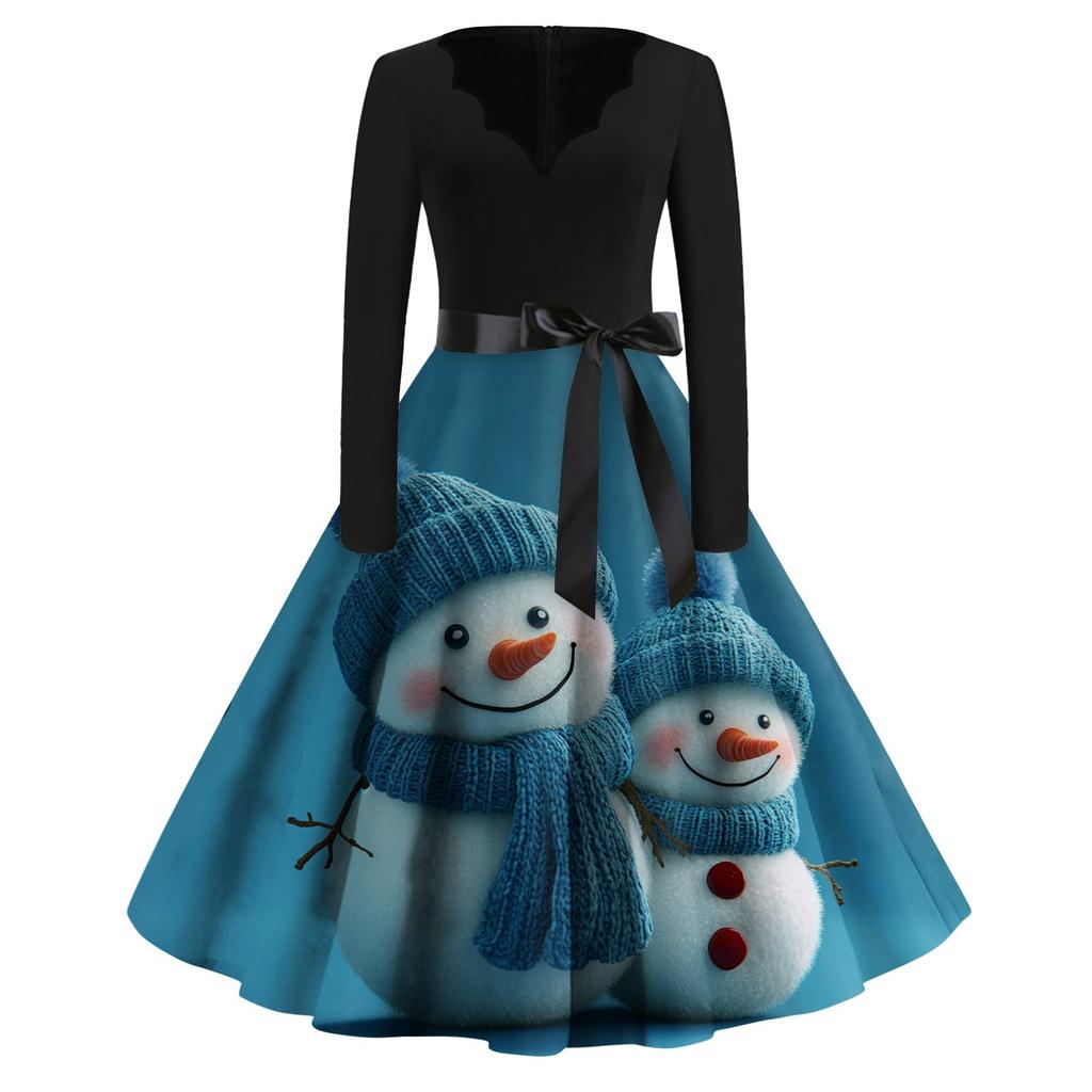 Женские модные повседневные тонкие рождественские платья с длинным рукавом с v-образным вырезом и принтом