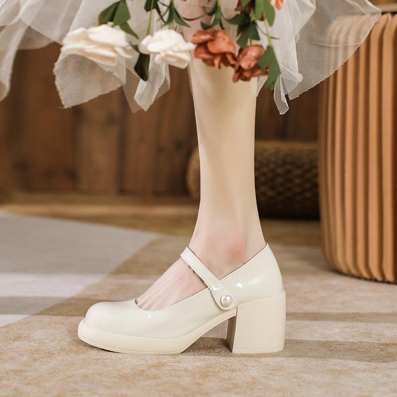 Туфли-лодочки Little Mary Jane на толстом каблуке женские, жемчужные, французские, ретро, высокие каблуки, одно слово со светлым ртом, фея