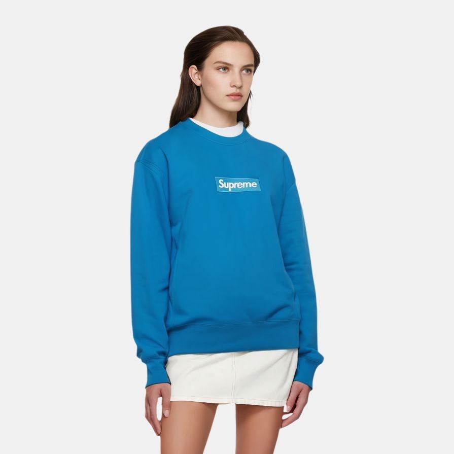 Supreme Box Logo Crewneck Bright Royal Classic Round Neck Pullover Fleece Lined Unisex Blue SUP-FW18-1074
