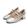 2025 summer new French square head Mary Jane sheepskin~ thick heel with skirt temperament silver high heel single shoes