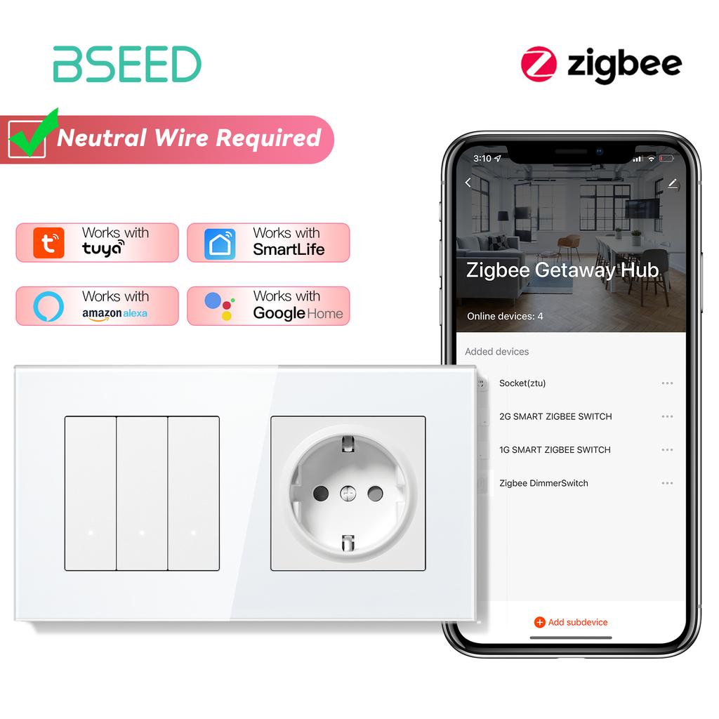 BSEED ZigBee Выключатели Настенные Умные Щелчковые Выключатели Света Желтая Подсветка Стеклянная Рамка Приложение Tuya Выключатель EU Настенные Розетки с USB