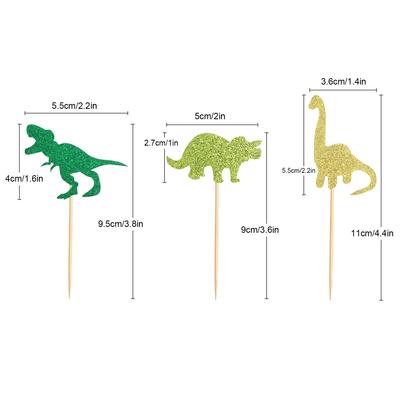Набор из 24 топперов для кексов с динозаврами, зеленые с золотым блеском, пики для кексов, украшение для торта для детского праздника, свадьбы, дня рождения, мероприятия, вечеринки