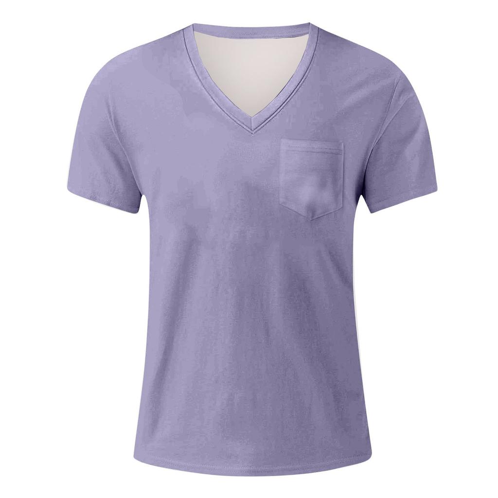 Men's Summer Solid Color V-Neck Loose Pocket Short Sleeve Top