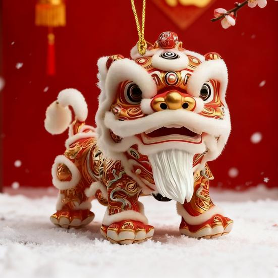 Yousheng Car Pendant with Metal Chain Lion Dance Design Plush Fabric Car Charm Keychain Bag Accessory Good Fortune Decoration