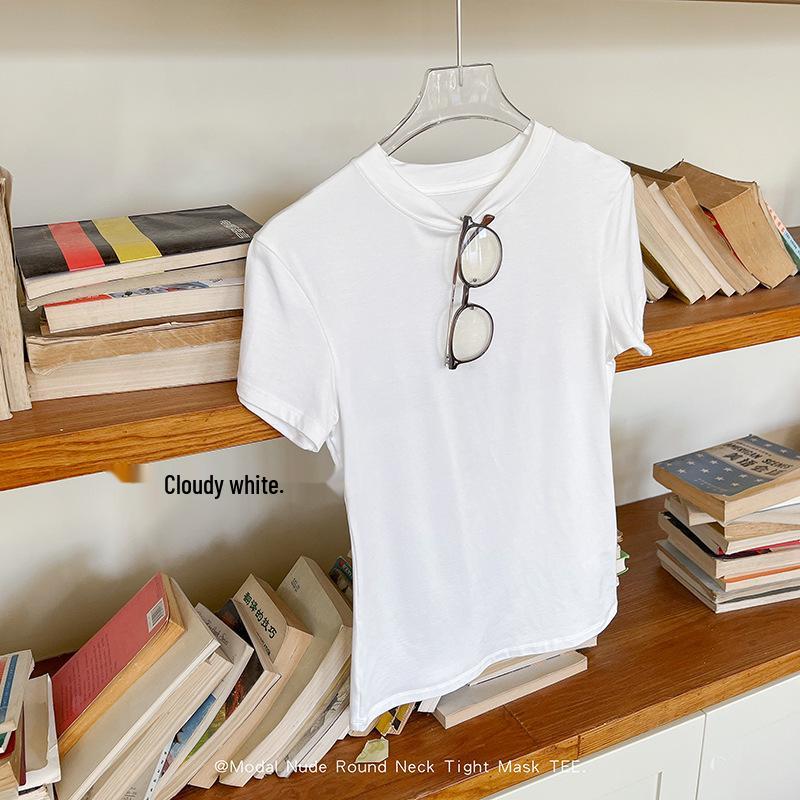 Женская приталенная футболка с коротким рукавом и круглым вырезом - Ощущение обнаженности, Прямое плечо, Удобная посадка