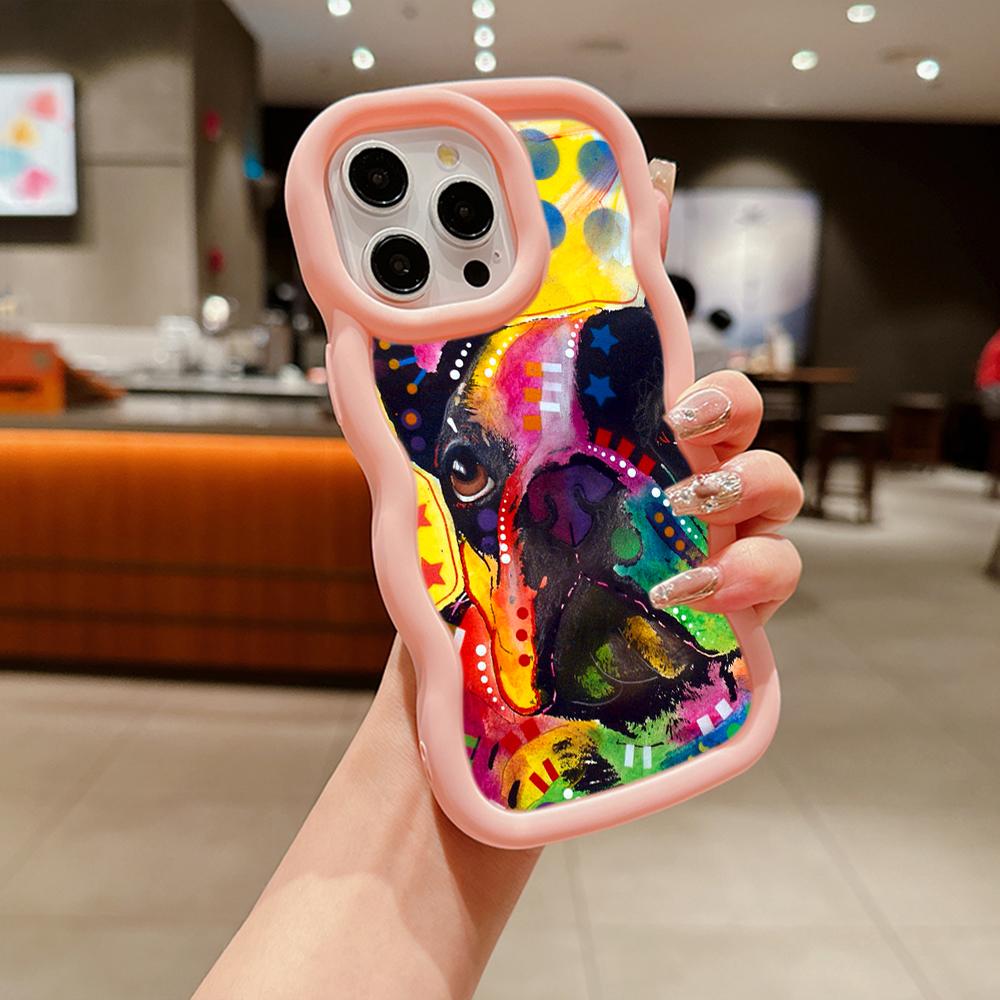 Мягкий чехол для телефона Macaron Big Wave для iPhone 11 12 13 14 15 Samsung A13 A14 A15 A24 A53 A54 A55 Xiaomi Redmi Note 13 12C, чехол A44, французский бульдог, собака