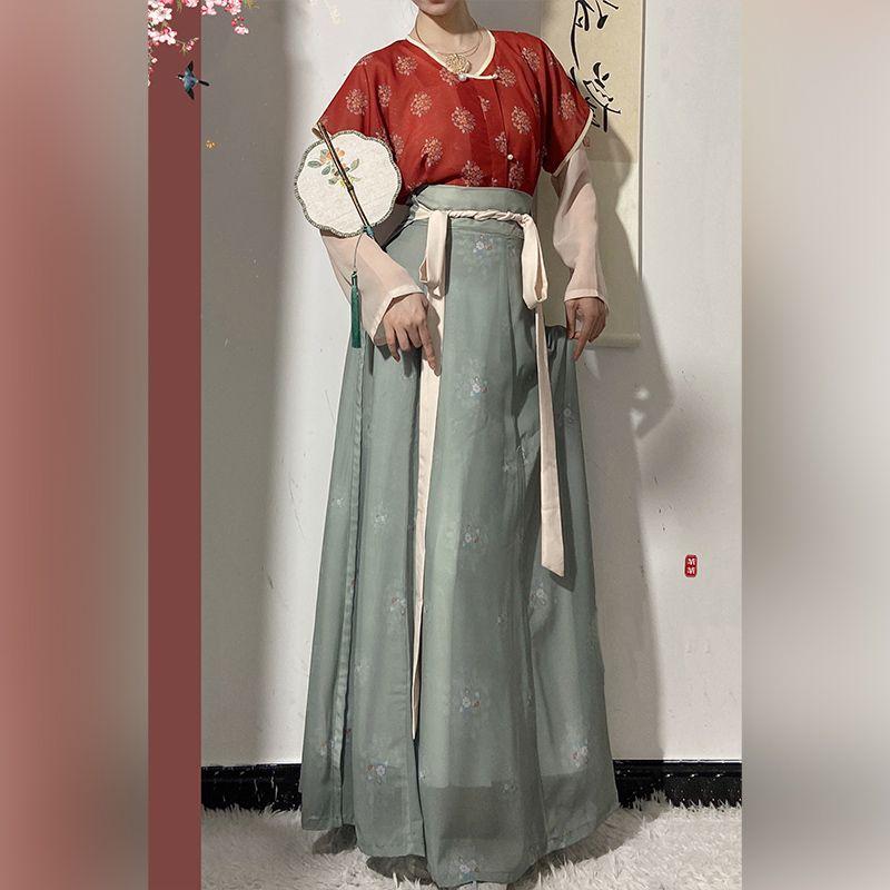 Китайский стиль династии Тан, традиционный ханьфу, повседневная рубашка с круглым вырезом и длинная юбка, женский комплект платьев