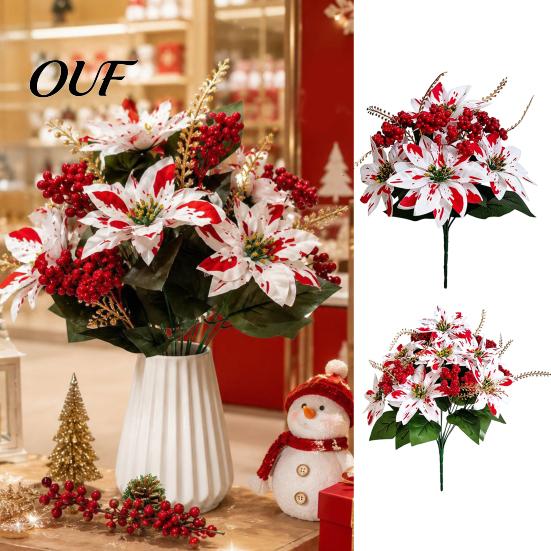 Evergreen Decorative Shrubs Artificial Poinsettia Flowers, Christmas Fake Floral Berry Centerpiece, Fade-Resistant Maintenance Free Home Decor Red And