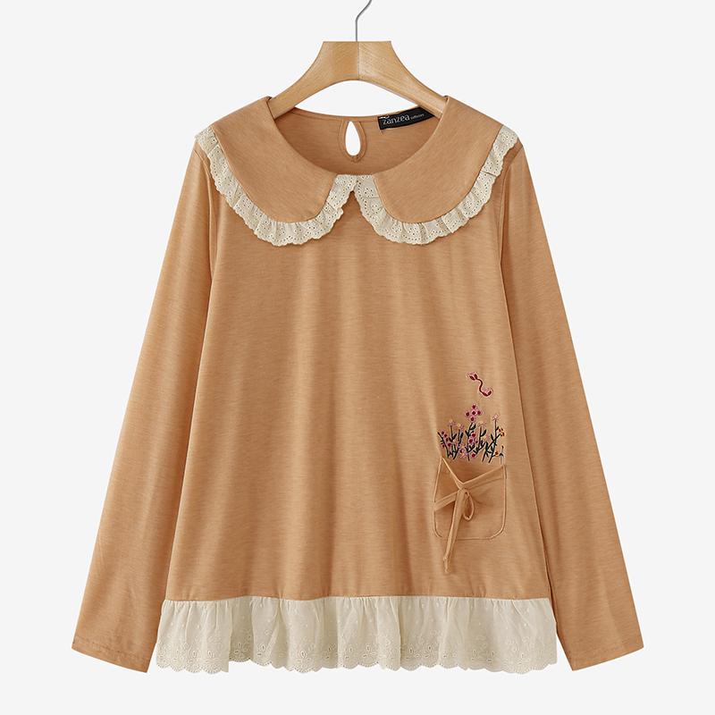 ZANZEA Женские осенние кружевные лацканы с длинным рукавом и принтом футболки