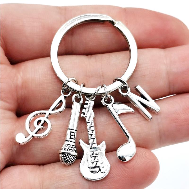 26 Letters Music Keychain Music Note Guitar Pendant Key Chain Microphone Keyring Creative Jewelry Gifts