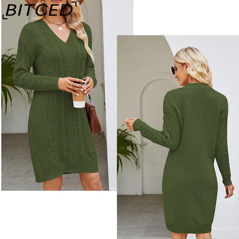 BITCED Женское однотонное платье-миди с V-образным вырезом из смесовой шерстяной пряжи, модная элегантность на осень/зиму, базовое вязаное платье с узором «косы»