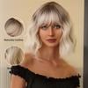 Platinum Bob Wig With Bangs Short Loose Wavy Synthetic Wigs for Women Cosplay Party Wig Dark Root Heat Resistant Fiber Fake Hair