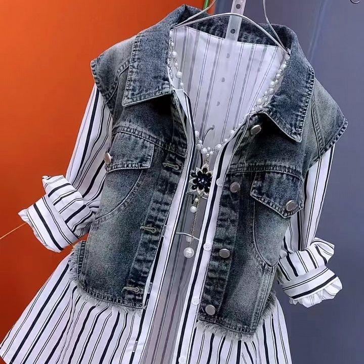 Модная полосатая джинсовая куртка женская весна/лето дизайн Sense Stitching женские куртки темперамент пальто топ поддельные две части рубашка пальто