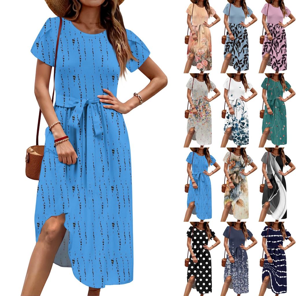 Women's Casual Cute Pattern Print Round Neck Midi Dress Basic Classic Outdoor Everyday Short Sleeve Loose Dress