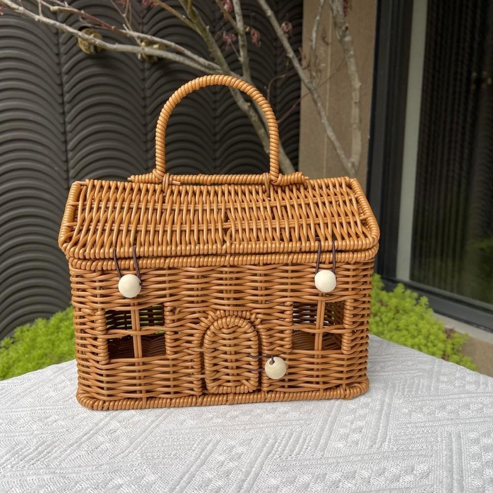 With Handle Rattan Picnic Basket House Shaped Clutter Organizer Desktop Organizer  Picnic Supplies