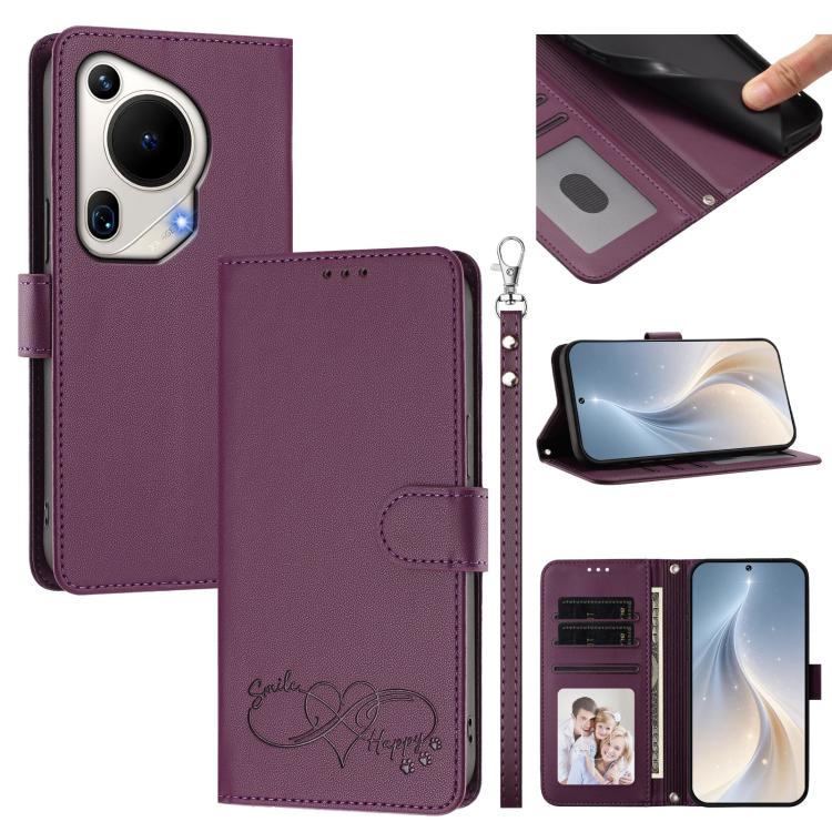 Happy Heart Pattern Magnetic Closure Vegan Leather Phone Case with Wrist Strap For Huawei Mate 60