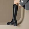 Krazing Pot ПУ осенне-зимняя обувь на толстом высоком каблуке, сапоги для верховой езды с квадратным носком, европейский стиль, сохраняющие тепло, высокие сапоги
