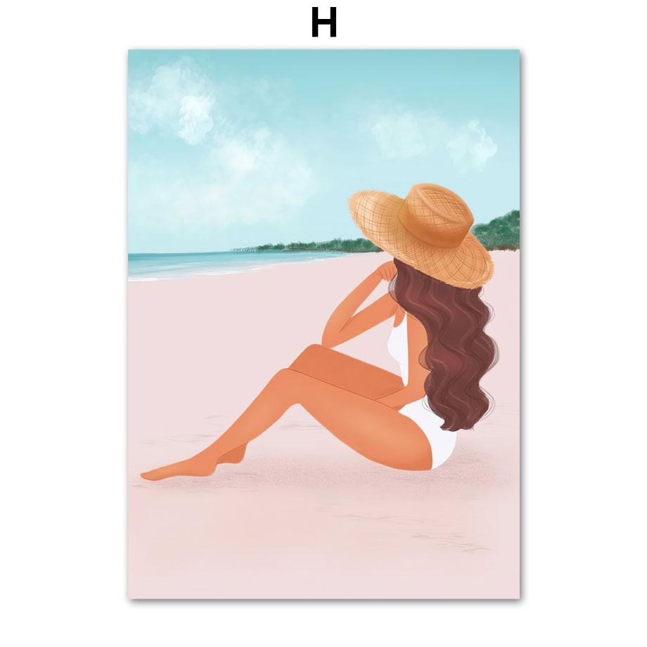 Поза дерева для йоги, скандинавский постер, Мальдивы, шляпа от солнца для серфинга, пляжная девушка, настенная живопись, холст, картина, домашний декор, фотографии для гостиной