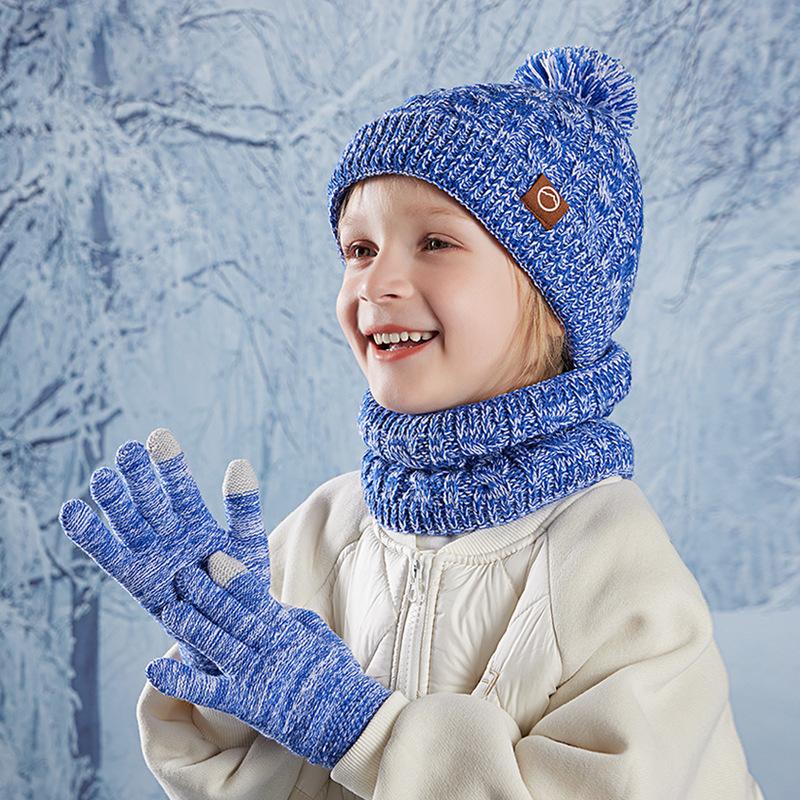Children's Cap Scarf Gloves Three-Piece Set Coldproof Wool Cap Boys Girls Outdoor Warm Knitted Hat