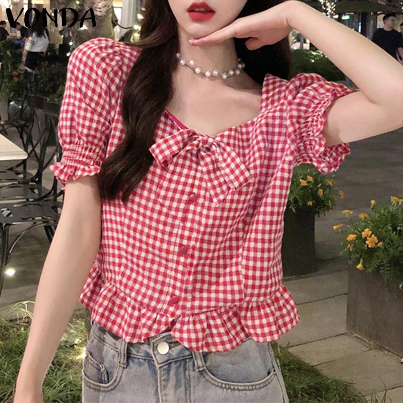 VONDA Женские летние повседневные футболки с квадратным воротником и короткими рукавами-фонариками, принтом в клетку и бантом