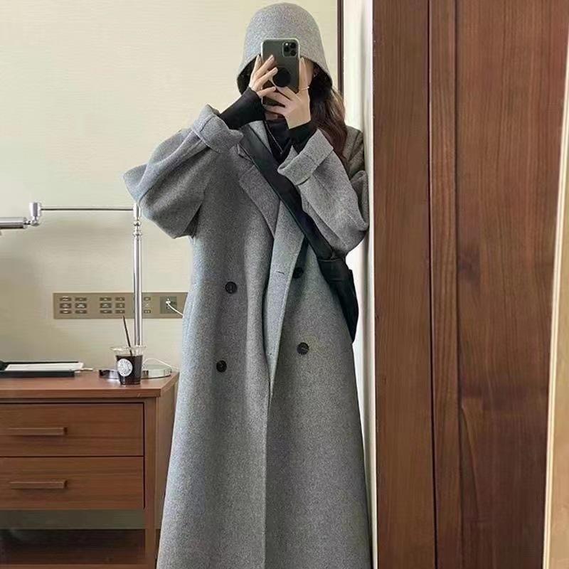 Двустороннее шерстяное пальто в корейском стиле, длинное, приталенного силуэта для женщин.