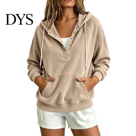 Breathable Autumn Sweatshirt Women Corduroy Hoodie with Kangaroo Pocket, Solid Color Long Loose Fit Top Sleeves Pullover Sweatshirt, Button