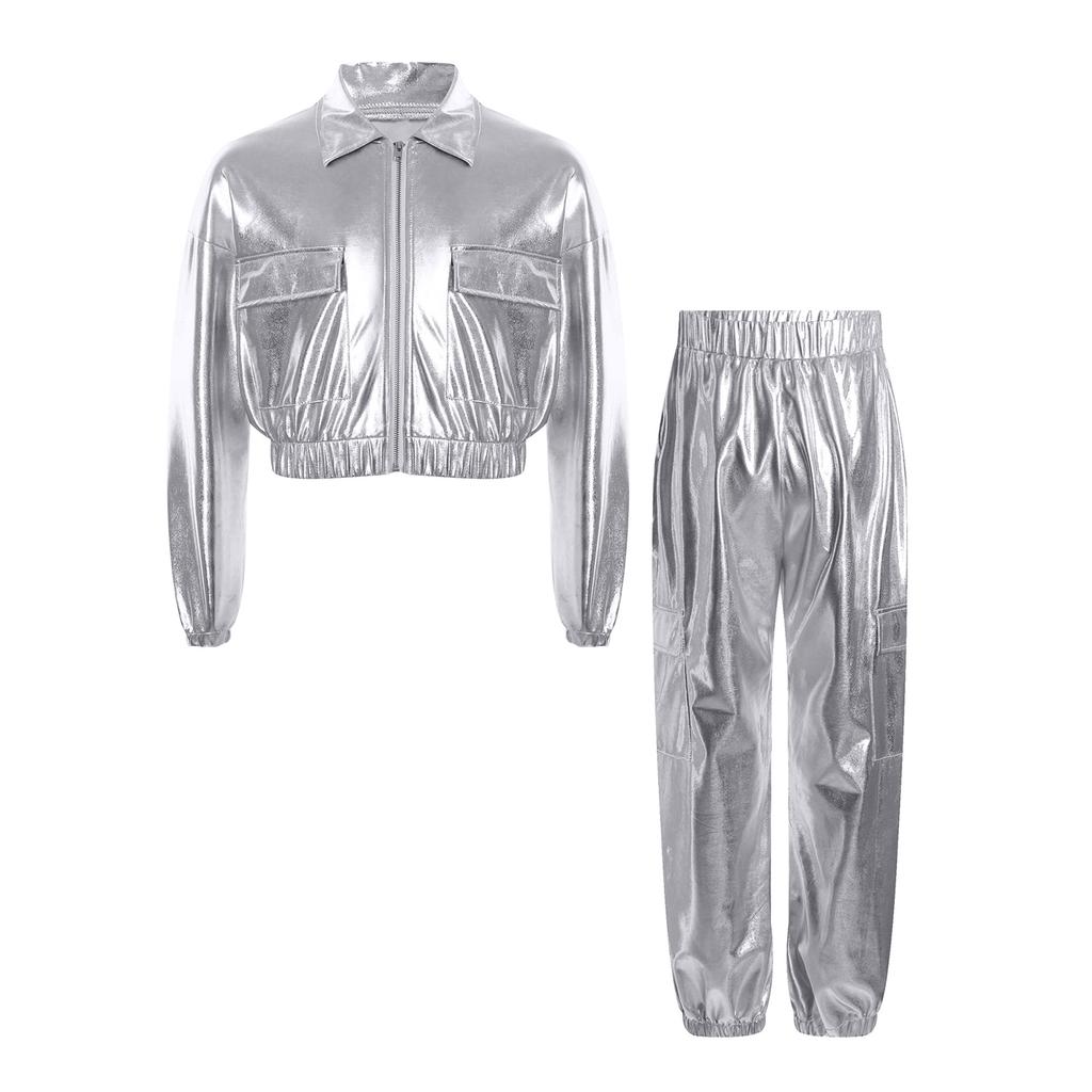 Unisex Kids Metallic Jacket Turn Down Collar Long Sleeve Outwear with Shiny Pants Dance Set