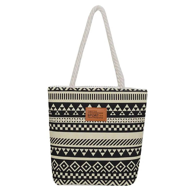 WTEMPO Fashion Printed Large-capacity Hand-held Women's Bags Summer Canvas Striped Versatile Commuting Mom Single-shoulder Shopping Bags