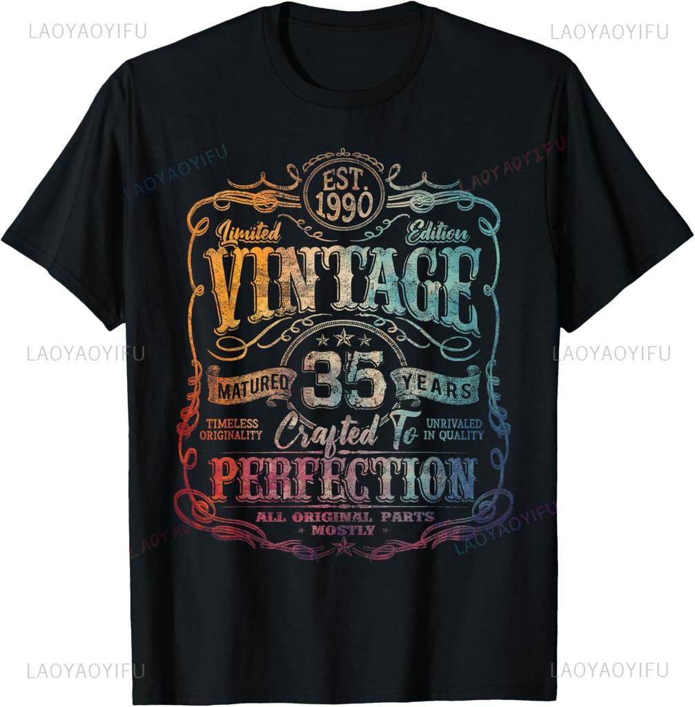Vintage 35th Birthday Decorations Unisex Funny 1990 35 Birthday Custom Printed Graphic T Shirts Short Sleeve Camiseta Hombre