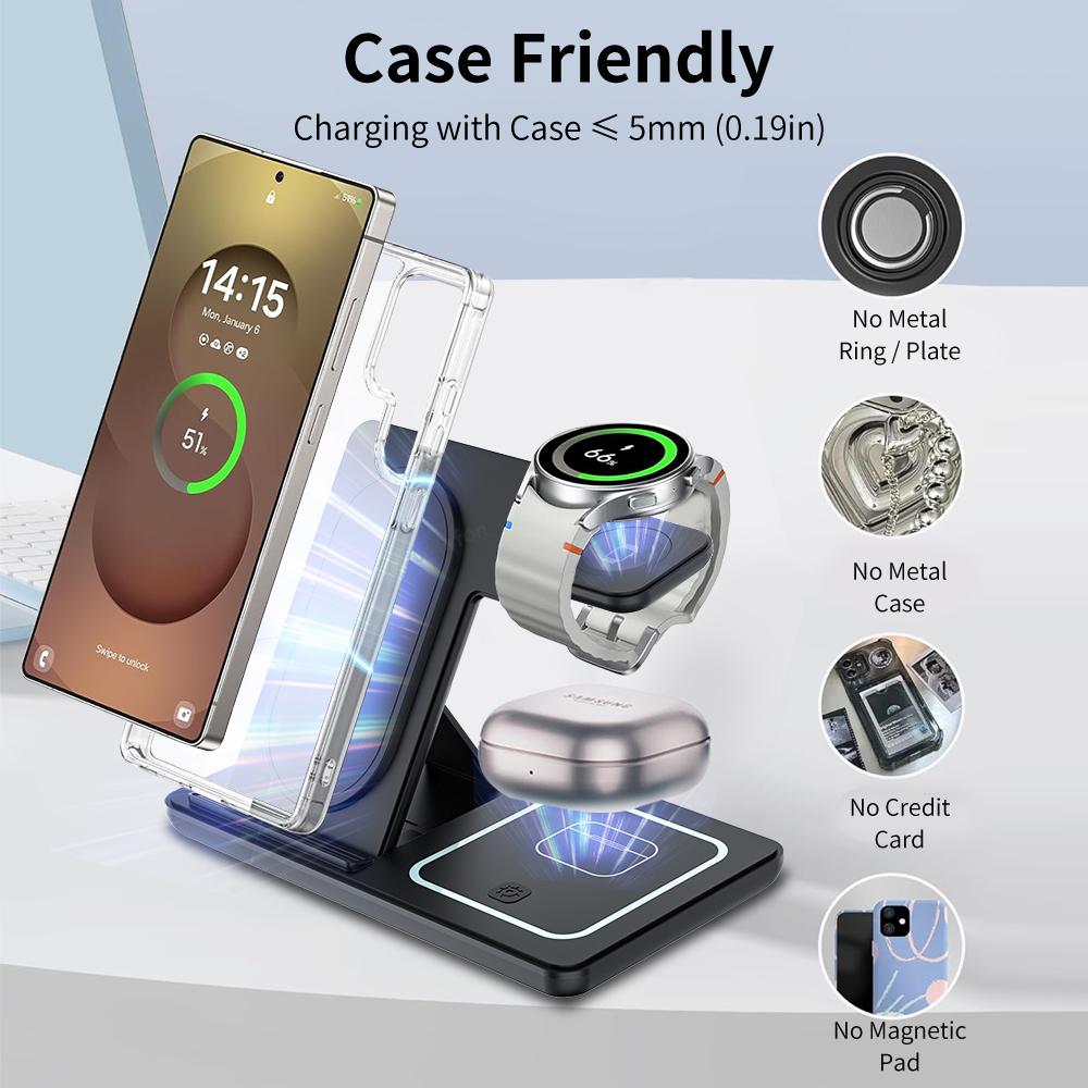 Складная настольная подставка 3 в 1 для беспроводной зарядки для Samsung S24 S23 Galaxy Watch 2-8 Active 1 2 Buds Pro LED станция быстрой зарядки