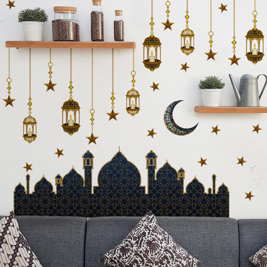 Ramadan Wall Stickers Moon Star Lantern Ornaments Wall Decals Ramadan Decoration For Home 2023 Islamic Muslim Mural Eid Mubarak