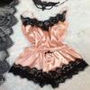 Spaghetti Strap Lace Stitching Vest Shorts Set Imitation Satin V-Neck Sleeveless Pajama Set for Wedding Night