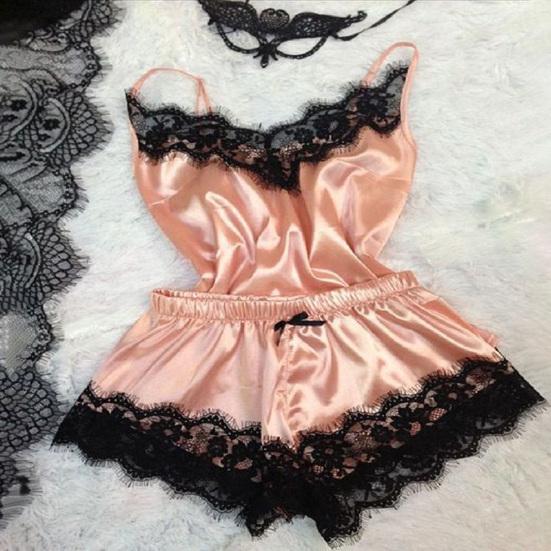 Spaghetti Strap Lace Stitching Vest Shorts Set Imitation Satin V-Neck Sleeveless Pajama Set for Wedding Night