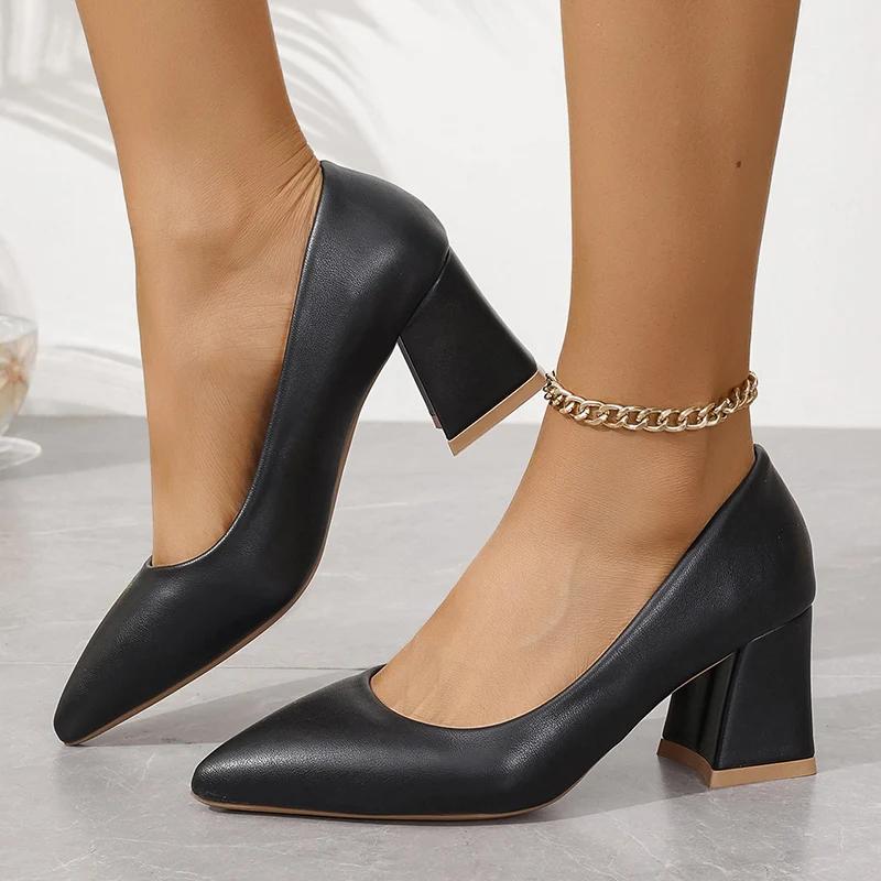 Fashion Fashion Pointed Toe Chunky Heel Pumps Woman Solid Color Comfortable High Heels Ladies Office Shoes Elegant Slip On Party Pumps
